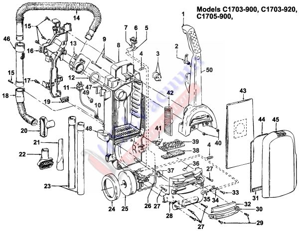 Hoover C1703 WindTunnel Bagged Upright Main Unit Parts List & Schematic, Hoover Model C1703 Parts List & Schematic