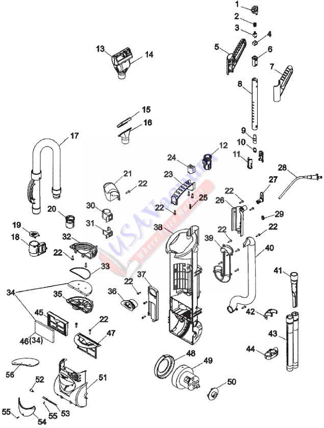 Hoover UH70005B Fusion Power Max Mach 3 Bagless Upright Vacuum Parts List & Schematic
