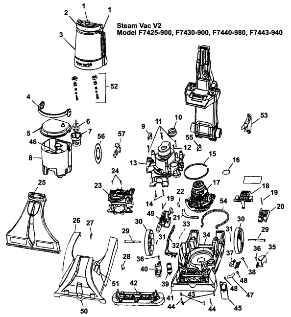 Hoover F7425, F7430, F7440, F7443 Max Extract Dual V WidePath Carpet Washer Parts List & Schematic