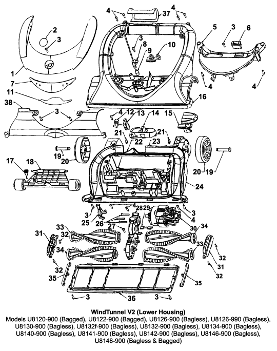 Hoover U8132 WindTunnel V2 Bagless Upright Vacuum Parts List & Schematic