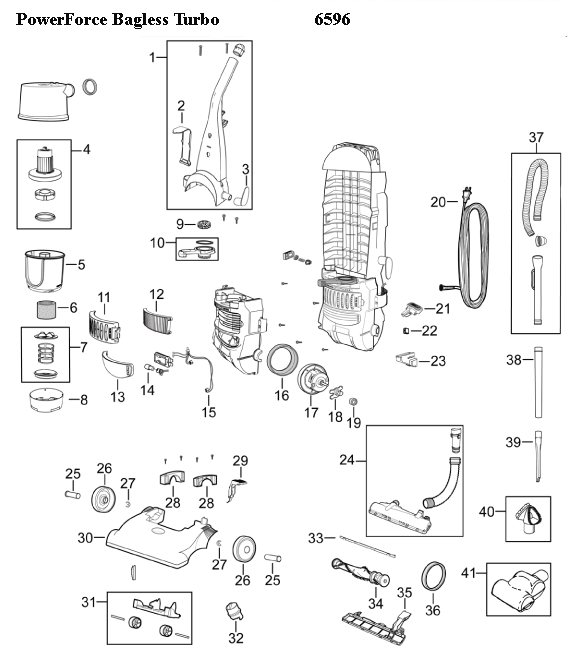 Bissell 6596 PowerForce Turbo Bagless Upright Vacuum Parts List & Schematic