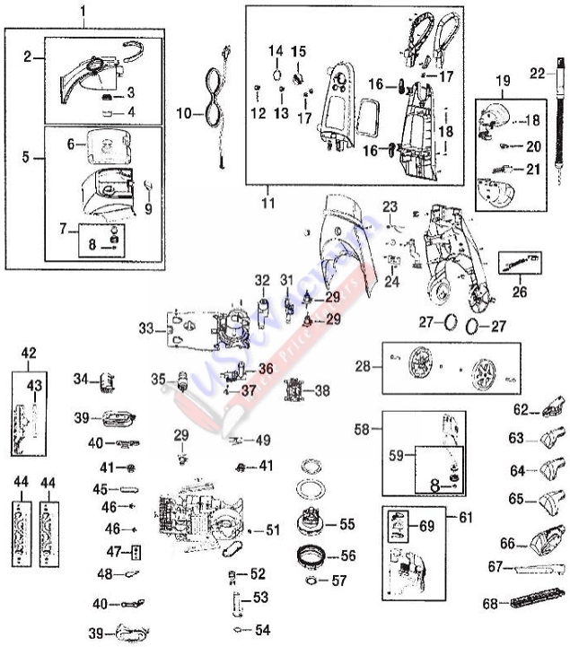 Bissell 8920, 8930, 9200, 9200-2/5/C/T, 9300-C/D/P, 9400, 9400-C/H ProHeat 2X Powersteamer Parts List & Schematic