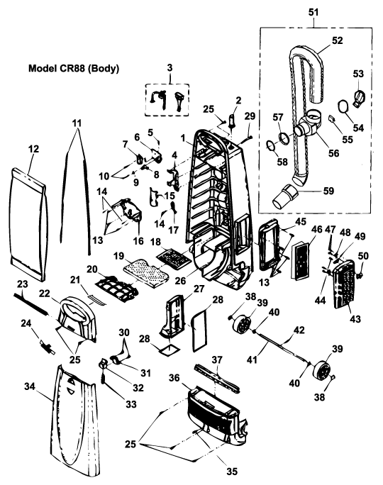 Cirrus CR88 Upright Vacuum Cleaner Machine Body Parts List & Schematic