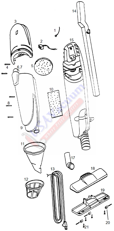 Eureka 570 Mini Whirlwind Cordless Stick Broom Parts List & Schematic