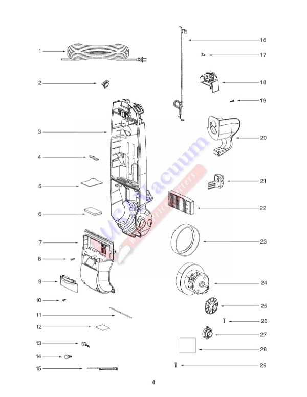 Eureka 2926 Contour Upright Vacuum Parts List & Schematic