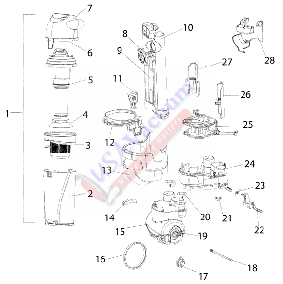 Eureka AS1101A Suction Seal Bagless Upright Vacuum Parts List & Schematic