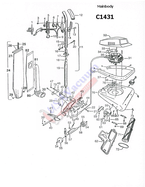 Hoover C1431 Guardsman Commercial Upright Mainbody Parts List & Schematic, Hoover Model C1431 Parts List & Schematic