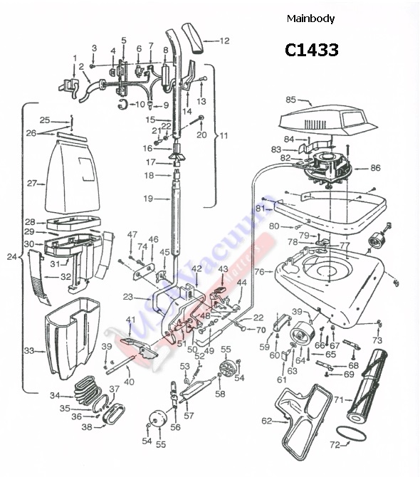 Hoover C1433 Guardsman Commercial Upright Mainbody Parts List & Schematic, Hoover Model C1433 Parts List & Schematic