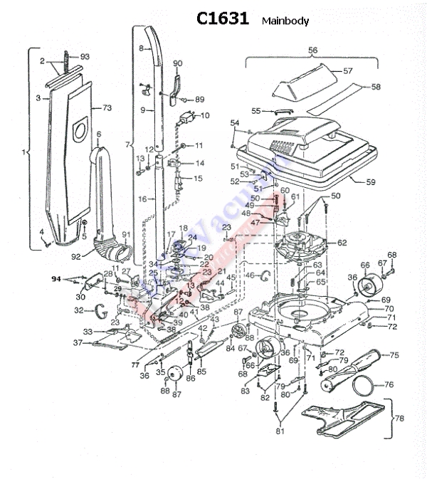 Hoover C1631 Guardsman Commercial Upright - Steel Lined Fan Chamber Mainbody Parts List & Schematic, Hoover Model C1631 Parts List & Schematic