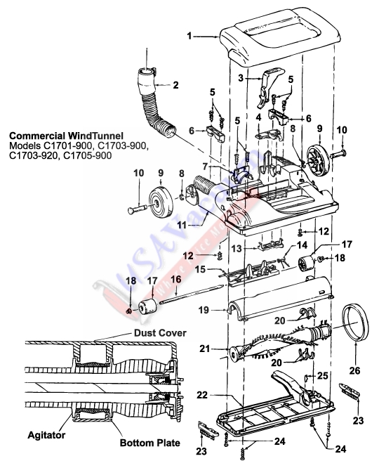 Hoover C1705 WindTunnel Bagged Upright Main Unit Parts List & Schematic, Hoover Model C1705 Parts List & Schematic