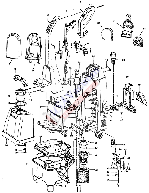 Hoover F5899 SteamVac LS Upright Extractor Parts List & Schematic