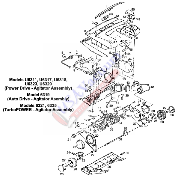 Hoover U6311, U6317, U6318, U6319, U6321, U6323, U6329 Powerdrive, Turbodrive, Autodrive Upright Vacuum Parts List & Schematic
