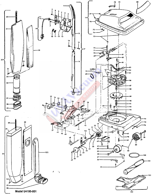 Hoover U4175 Convertible Upright Vacuum Parts List & Schematic
