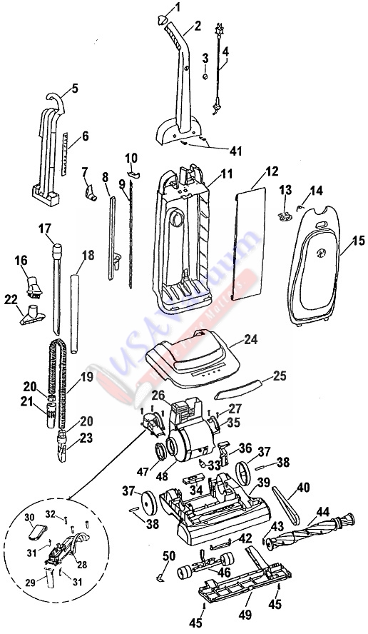 Hoover U5168 Caddy Vac TurboPOWER Upright Vacuum Parts List & Schematic
