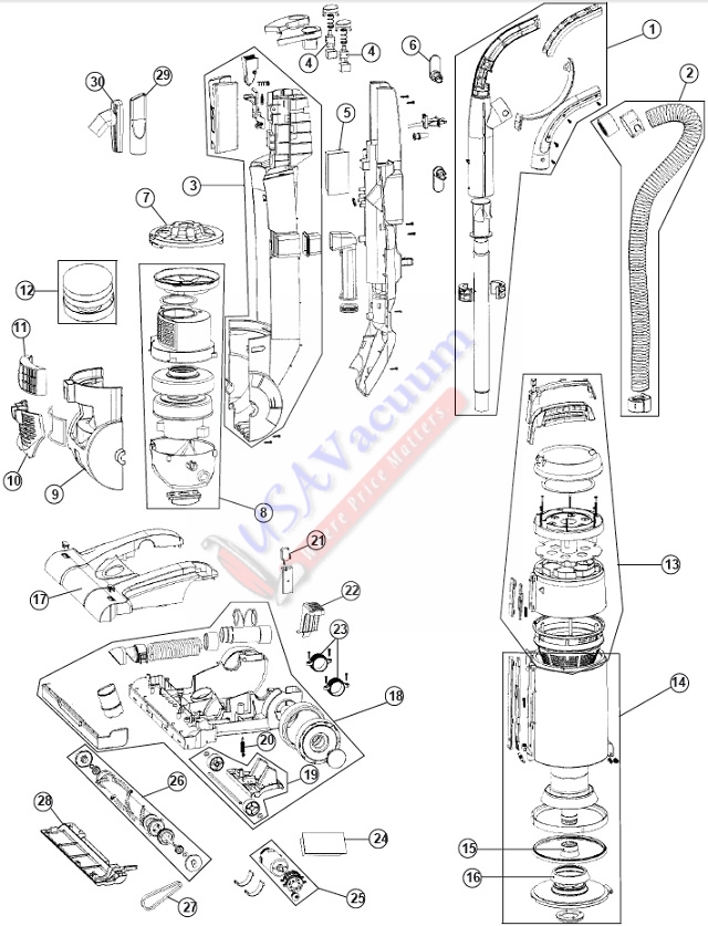 Hoover U5184 Whisper Cyclonic Filtration System Upright Vacuum Cleaner Parts List & Schematic