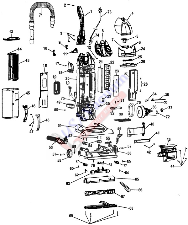 Hoover U5720, U5721, U5750, U5755, U5756, U5757, U5761 WindTunnel Bagless Upright Vacuum Parts List & Schematic