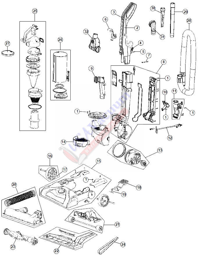 Hoover UH70100 WindTunnel T-Series Upright Vacuum Parts List & Schematic