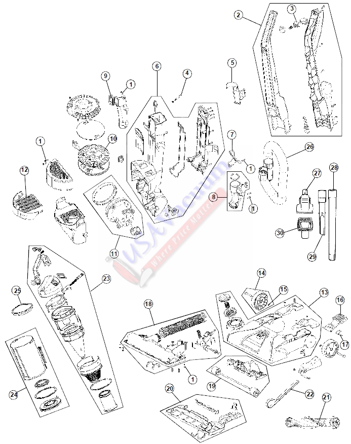 Hoover UH70130 WindTunnel Rewind T Series Upright Vacuum Parts List & Schematic