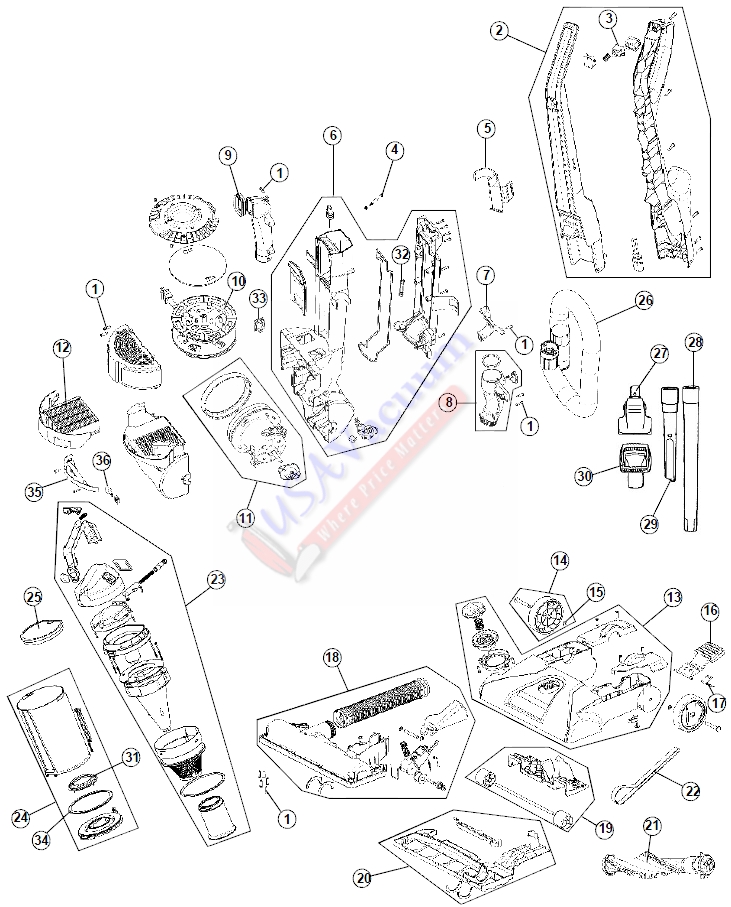Hoover UH70202 WindTunnel Pure Clean T-Series Upright Vacuum Parts List & Schematic