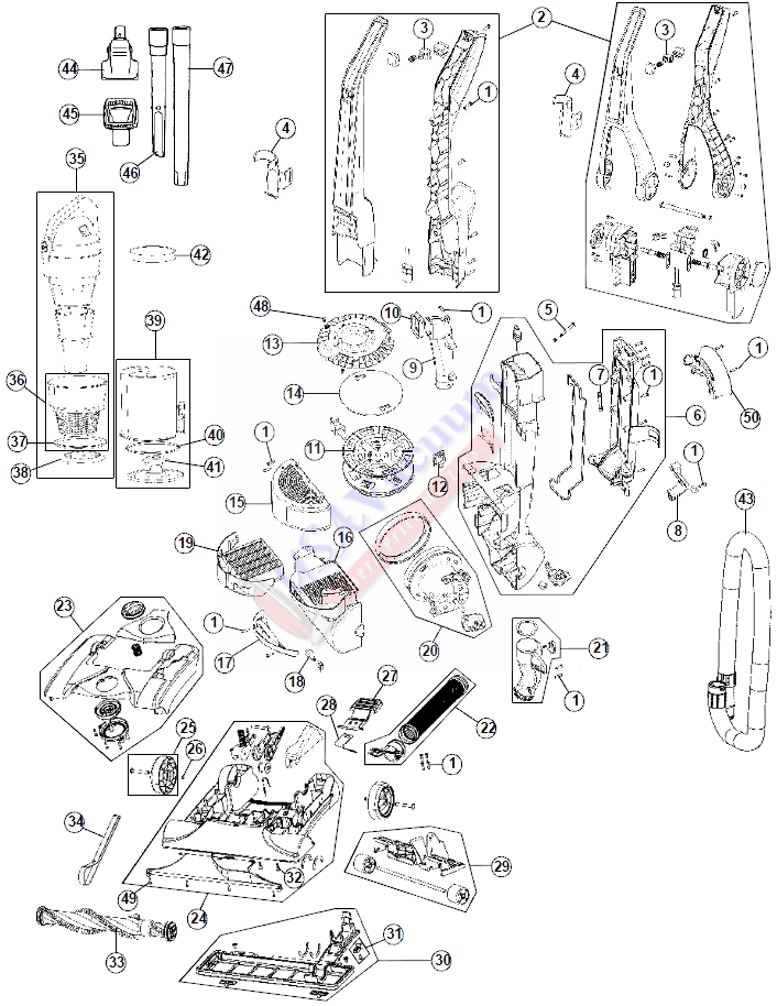 Hoover UH70605 WindTunnel Max Multi Cyclonic Bagless Upright Parts List & Schematic