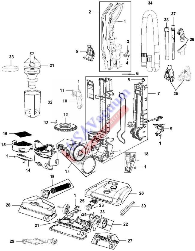 Hoover UH70805 WindTunnel High Capacity Upright Vacuum Parts List & Schematic