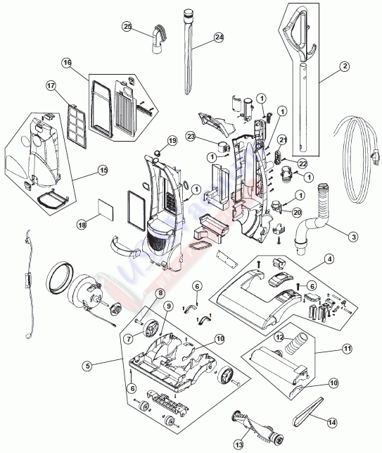 Hoover U2440 Nano-Lite Bagless Upright Vacuum Parts List & Schematic
