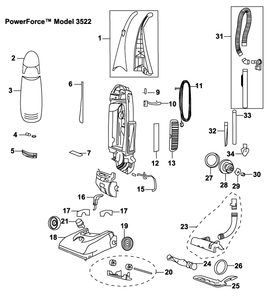 Bissell 3522 Powerfoce Upright Vacuum Parts List & Schematic