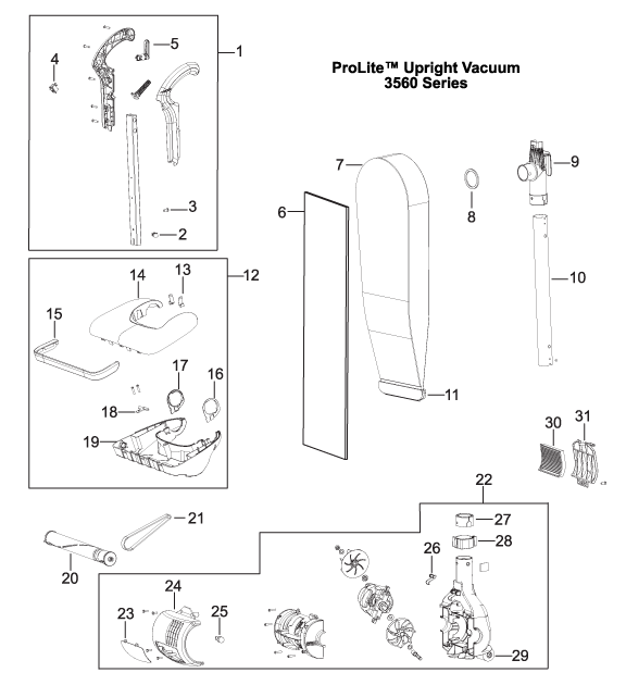 Bissell 3560 Prolite Upright Vacuum Parts List & Schematic