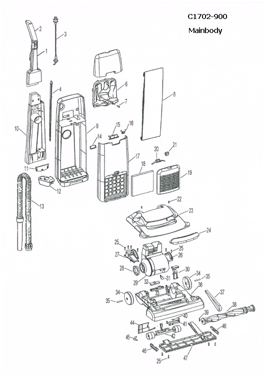 Hoover C1702 Commercial Soft Guard Bagged Upright Parts List & Schematic, Hoover Model C1702 Parts List & Schematic