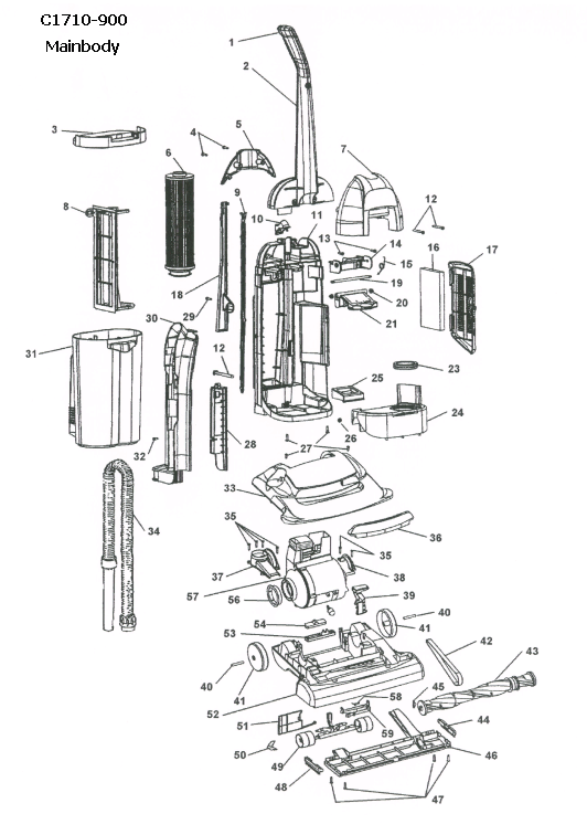 Hoover C1710 Commercial WindTunnel Bagless Upright Parts List & Schematic, Hoover Model C1710 Parts List & Schematic