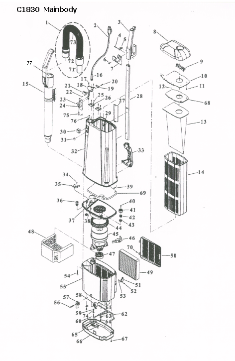 Hoover C1830 Commercial Double Duty 2 Motor Upright Parts List & Schematic, Hoover Model C1830 Parts List & Schematic
