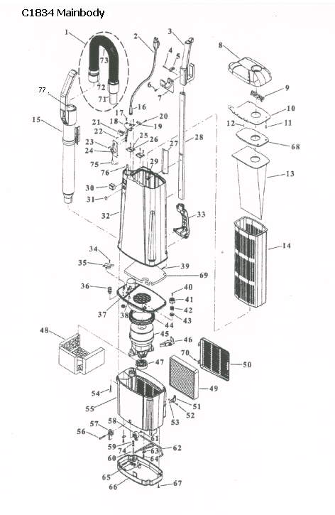 Hoover C1834 Commercial Double Duty 2 Motor Upright Parts List & Schematic, Hoover Model C1834 Parts List & Schematic