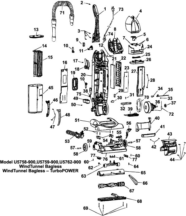 Hoover U5762 WindTunnel Bagless Upright Vacuum Parts List & Schematic