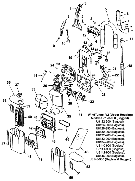 Hoover U8126 WindTunnel V2 Bagless Upright Vacuum Parts List & Schematic