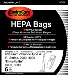 Riccar Bag Paper Type A Hepa 6 Pack  A845
